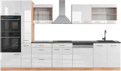 Produktbild von Küchenzeile Vicco R-Line Weiß Hochglanz/Goldkraft Eiche 350 cm mit Hochschrank, AP Anthrazit, Model 49469