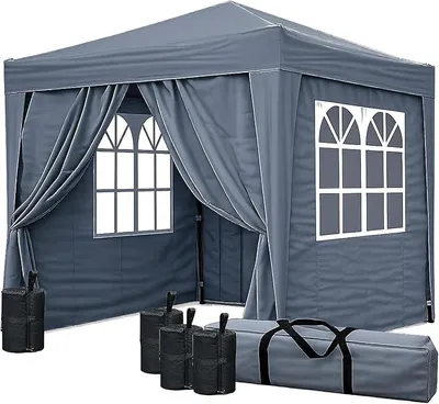 Produktbild von Faltpavillon 2 x 2 m Smoky Grau mit 4 Fußgewichten, 4 Easy-Klett Seitenwände (2 Reißverschlüsse, 2 Fenster), Pop Up Pavillon Faltbar, mit Tragetasche