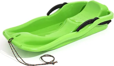 A bright green plastic sled with black handles and a rope, shown on a white background.