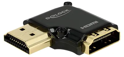 Produktbild von Delock Adapter High Speed HDMI mit Ethernet – HDMI-A Buchse > HDMI-A Stecker 4K 90° gewinkelt links schwarz