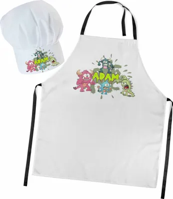 Produktbild von Personalisierte Kochmütze + Kochschürze Set 2tlg. Für Kinder, Jungen und Mädchen, Weiß, Schürze mit Ihrem Namen, Kreaturen [099]