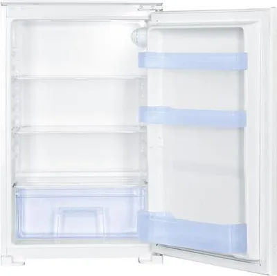 An open, empty white refrigerator with clear shelves and a clear crisper drawer.