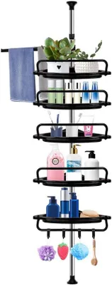 Immagine prodotto di Uniqoos® Portaoggetti da bagno telescopico, senza necessità di foratura – regolabile in altezza da 60 a 300 cm, 5 ripiani, 4 ganci, porta asciugamani, 8 aste in acciaio inossidabile rimovibili, acciaio inossidabile/PP, capacità di carico 2,5 kg