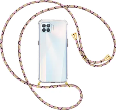 Produktbild von Handykette Backcover-Schutzhülle mit Band (Metall goldfarben) für Oppo A93 - rosa Karo