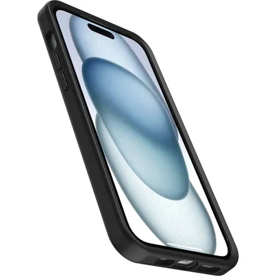 A black iPhone case is shown at an angle against a white background.