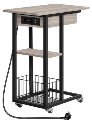 Beistelltisch mit Ladestation, C-Form, 60x30x73 cm, Rollen, schwarz