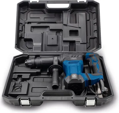 A blue and black demolition hammer is displayed inside its black carrying case.