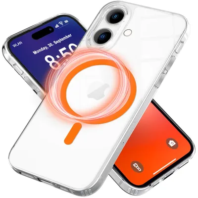 Produktbild von NALIA Neon-Ring Case für iPhone 16 – MagSafe Kompatibel & Nachleuchtend – NIGHT-GLOW (Transparent & Anti-Gelb) – Marke aus Berlin – Orange