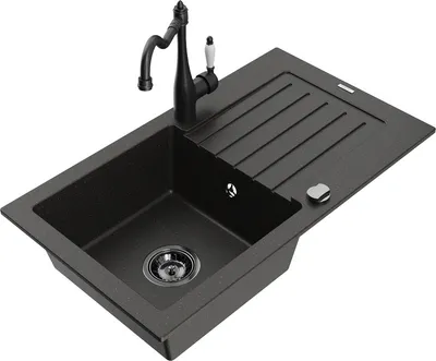 Produktbild von Mexen Pablo 1 Becken-Granitspüle mit Abtropffläche und Mischbatterie Carla, Schwarz/Gold metallisch - 6510-75-670700-70-B