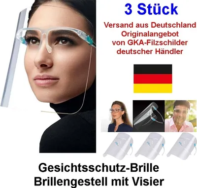 Produktbild von GKA 3 Stück Gesichtsschutz Visier mit Brillengestell Schutzbrille Brille Brillenschild Gesichtsschild Atemschutz Schutz gegen Viren ideal für Senioren Brillenträger sehr leicht