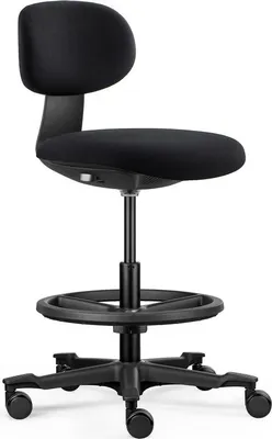 A black office chair with a backrest, seat, and footrest, shown from a side angle on a white background.
