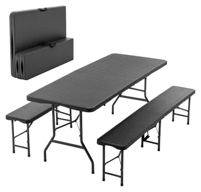Produktbild von Klappbarer Picknicktisch mit 2 Bänken 3-teiliges Camping Set HDPE Schwarz 180x74x43 cm