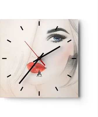 Produktbild von Wanduhr - Quadrat - Glasuhr - Frau Gesicht Lippen - 30x30cm - Schleichendes Uhrwerk - Lautlos - zum Aufhängen bereit - Dekoration Modern - Wanddekoration aus Glas - C3AC30x30-3860