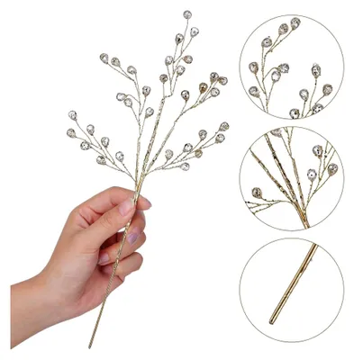 Produktbild von Weihnachtszweige aus Acrylperlen, 2 Stück mit goldenen Kristallen für selbstgemachte Blumenarrangements und festliche Weihnachtskranzdekoration