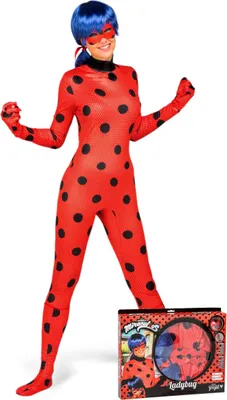 A person wearing a Ladybug costume and holding a box with the costume inside.