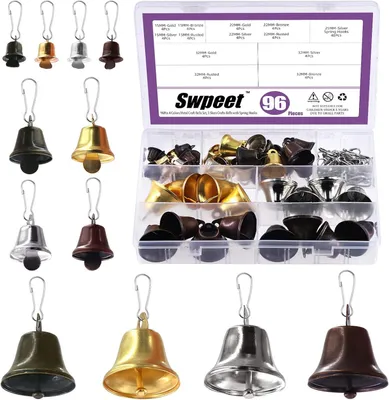 Productafbeelding van 4-kleuren metalen craft-bellen set - Set van 96 - 3 maten antieke craft-bellen met veerhaakjes - Maken van windgongen