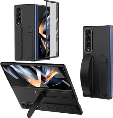 Produktbild von Hülle für Samsung Galaxy Z Fold 4 5G Vertikale Armbandtasche mit Eingebautem Displayschutz, Griffring, Ständer, Kameraschutz Handyhülle Schwarz