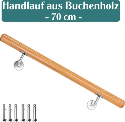 Produktbild von Buche Holz Handlauf Treppengeländer Geländer für Treppe Wandhandlauf Wand seitliche Montage Auswahl Länge 50 - 500 cm, Länge:70 cm