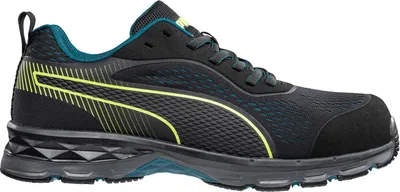A side view of a black Puma athletic shoe with yellow and teal accents, isolated on a white background.