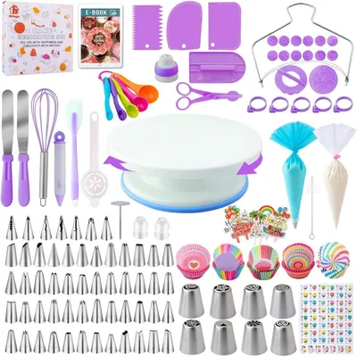 Productafbeelding van Taartaccessoireset, 356-delig, met draaiende taartplateau en spuitzak, zilverkleurig