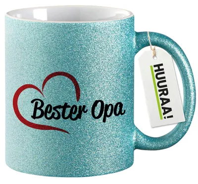 Produktbild von Huuraa Glitzertasse Bester Opa Herz 330ml Blau Keramik Kaffeebecher Geschenkidee
