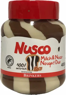 Produktbild von Nusco Milch & Nuss Nougat Duo Creme (400g Glas) + usy Block