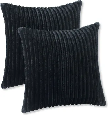 Two black corduroy pillows are shown against a white background.