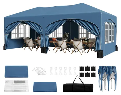Produktbild von WOLTU Pavillon mit 6 Seitenteilen 4 Sandsäcke, Faltpavillon 3x6m mit Halbmonddach Tragetasche, Gartenpavillon wasserfest stabil UV-Schutz, Partyzelt Outdoor höhenverstellbar, Blau