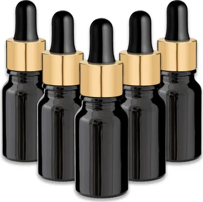 Produktbild von 5x Schwarze Glasflasche 10 ml mit goldener Aluminium-Pipette Tropfer