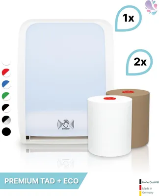 Produktbild von SET: Handtuchrollenspender SENSOR, berührungslos, Blanc Cosmos versch.Farben+ 1Rolle PREMIUM TAD +1Rolle ECO Natural -PRODUKTSET : Farbe - Weiß Farbe: Weiß