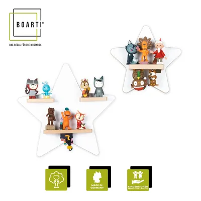 Produktbild von BOARTI Kinderregal Stern | hängend für Tonie Figuren | platzsparendes Regal | Maße: H. 33 x B. 33 x T. 5 cm | Wandregal für Figuren Aufbewahrung mit Magneteinsätzen | Aufbewahrungsregal Holz