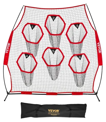 Produktbild von VEVOR 6 x 6 ft Fußballtrainer Wurfnetz, Trainingswurfzielpraxisnetz mit 5 Zieltaschen, knotloses Netz inklusive Bogenrahmen und tragbarer Tragetasche, Verbesserung der Wurfgenauigkeit für Quarterbacks, Rot, 8 x 8 ft-b, Rot-c