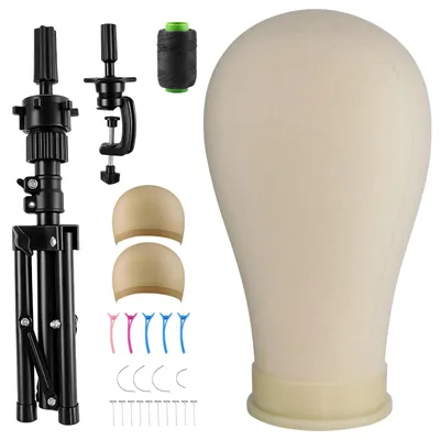 Immagine prodotto di Testa di manichino in tela - Espositore con stativo - Testa di 56 cm - Treppiede di 53 cm con morsetto da tavolo - Set per la creazione e l'acconciatura di parrucche - Colore bianco chiaro
