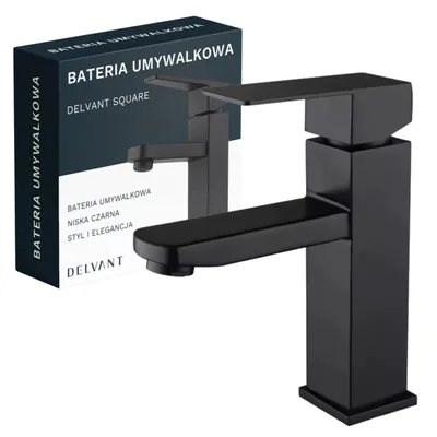 A black faucet is shown next to its packaging.