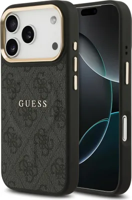 A black and gray Guess branded phone case for an iPhone 14 Pro, shown from the front with the phone inside.