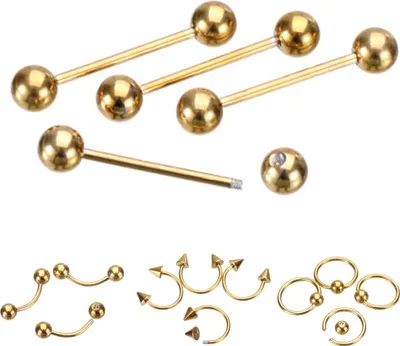 Produktbild von 9 Stück Mixed Style Lip Nippel Tongue Bar Barbell Ring Labret Body Piercing Jewelry-Golden