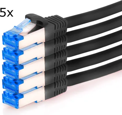 Produktbild von TPFNet 5er Pack 7,5m Cat.6A Patchkabel / Netzwerkkabel S/FTP 10GBit, schwarz