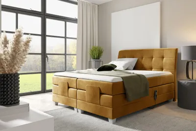 Produktbild von MEBLINI Boxspringbett Elektrisch Verstellbar - Gepolstert Doppelbett mit Matratzen und Toppers - Polsterbett - Bett mit Kopfteil - DANTE - 140x200 - H3/Senffarbe Samt