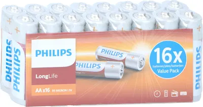 A package of Philips Longlife AA batteries.