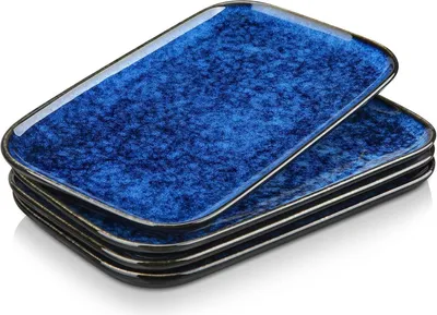 Image de Set d'assiettes de service en faïence 4 personnes, lavable au lave-vaisselle, utilisable au micro-ondes, set d'assiettes bleu-vert 4 pièces