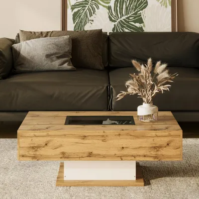 Image de Table basse - Table d'appoint - Table de salon - Table - Table en verre - Couleur bois - Avec deux tiroirs