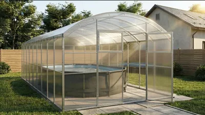 Produktbild von Poolabdeckung "Adria" von Garten Dream. 4x10M mit 4mm polycarbonate Ganzjährige Nutzung. Schnee- und winddicht. Doppeltüren auf jeder Seite.Rostschutz