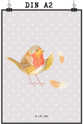 Produktbild von Mr. & Mrs. Panda Bild Rotkehlchen Federn DIN A2 - Grau Pastell - Geschenk, Kunstdruck, wanddeko, Lustige Sprüche, Motivation, Plakat, Vogel, fliegen, drucke, Spruch Mut