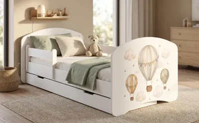 Image de Lit d'enfant 160 x 80 cm, blanc | Motif ours et lapin avec arc-en-ciel | Ensemble complet comprenant un matelas et un tiroir