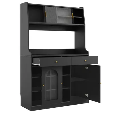 Image de OKWISH Buffet Haut avec Vitrine, Éclairage LED, Étagères Réglables et 2 Tiroirs, MDF/PB, 120x40x180 cm - Noir