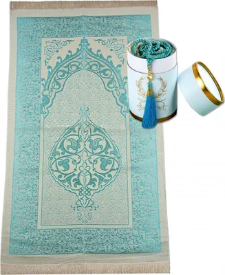 Immagine prodotto di Tappeto di preghiera in taffetà turchese con scatola regalo e catena di preghiera - elegante e pratico 65 x 110 cm Dimensioni - 65 x 110 cm