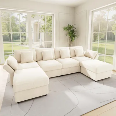 Produktbild von Merax 4-Sitzer Ecksofa U-/L-förmiges, Modulares Chenille Soffa mit 2 Hockern, Verstellbare Armlehnen, 4 Dekokissen und 2 Kopfstützen, Couch, Beige