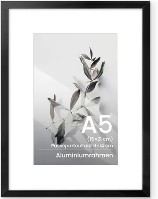 Immagine prodotto di Cornice in alluminio A5, 15x21 cm, colore nero, con vetro di sicurezza, ideale per fotografie senza passepartout