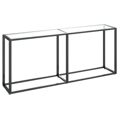 A long, narrow console table with a black metal frame and a clear glass top, shown against a white background.