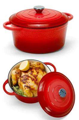Immagine prodotto di Pentola in ghisa smaltata, 4 litri, diametro 24 cm, rossa, adatta per induzione. Pentola per stufati, teglia da forno, cocotte